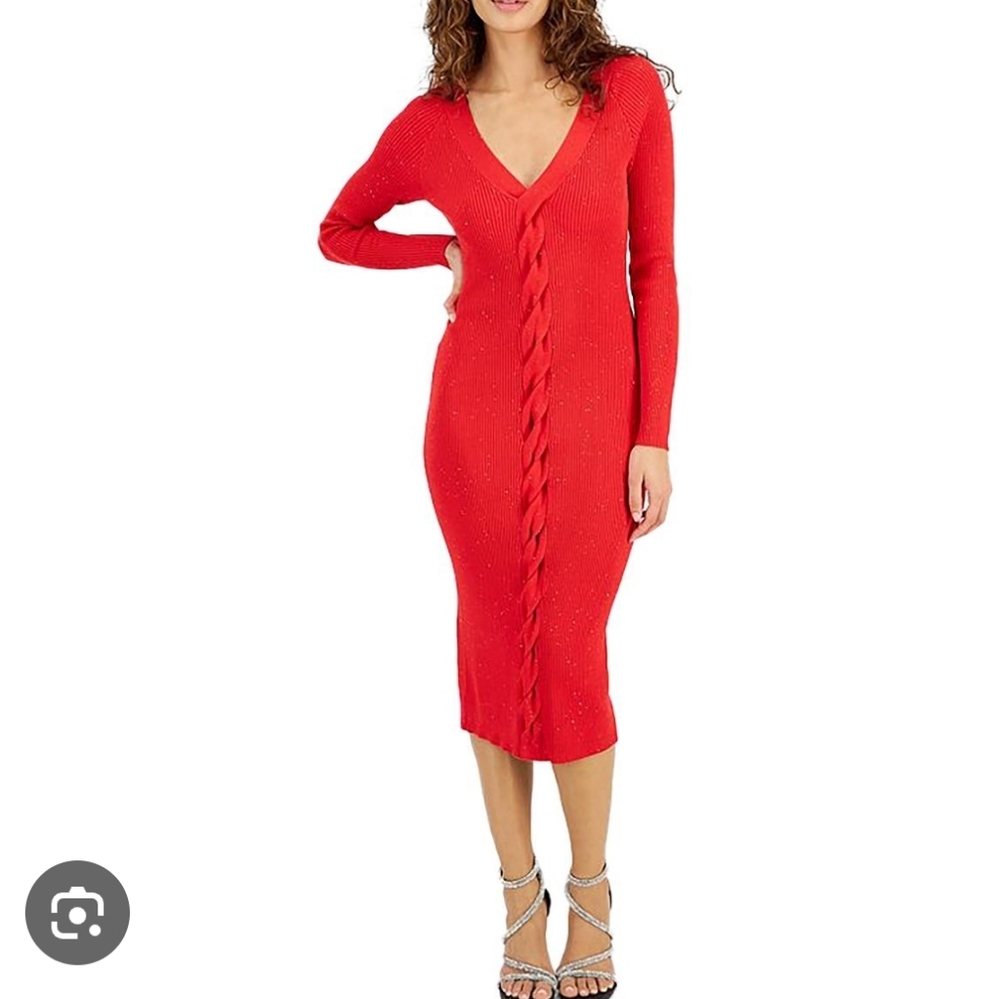 Active USA Red Ribbed V-Neck Long Sleeve Bodycon Midi Dress Size Large